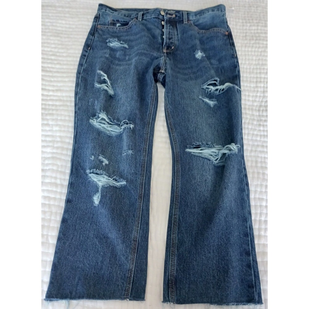 Old Navy Size 12 Slouchy Straight High Rise Raw Hem‎ Distressed Denim Jeans Blue